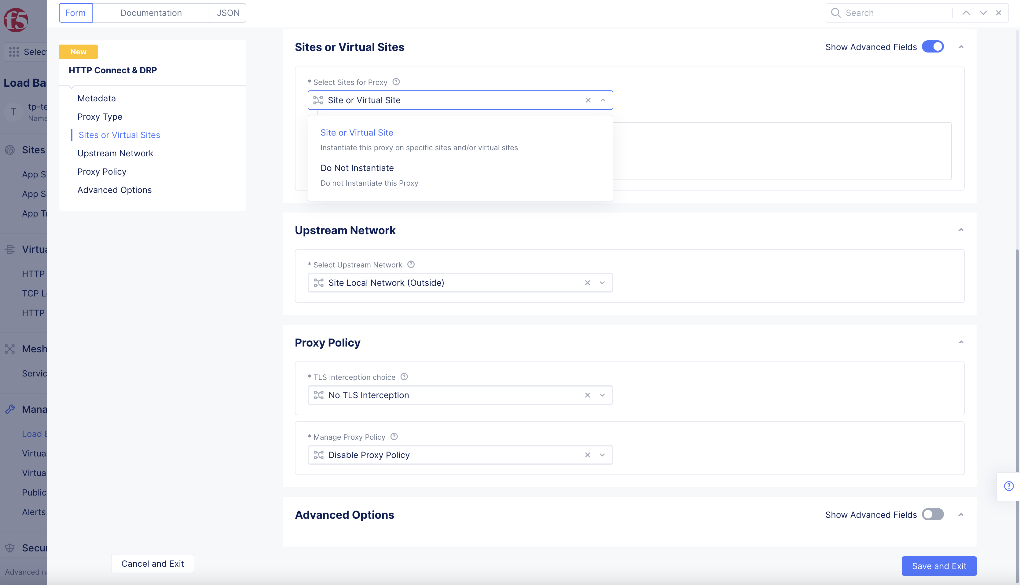 Figure: Sites or Virtual Sites Configuration